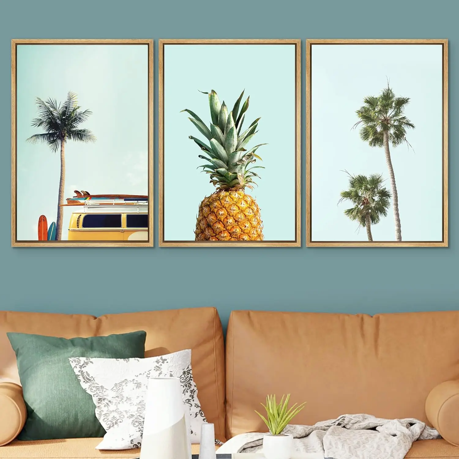 Framed Canvas Print Wall Art Set Retro Surfboard Van Tropical Island Pineapple Nature Wilderness Photography-16