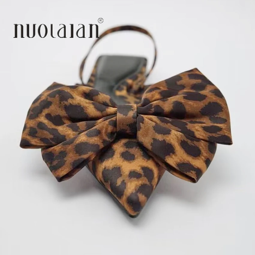 2024 Woman\'s Leopard Print Flat Mules Sweet Bow Pointed Toe Ballet Shoes Spring Summer Casual Slingback Design Women Shoes