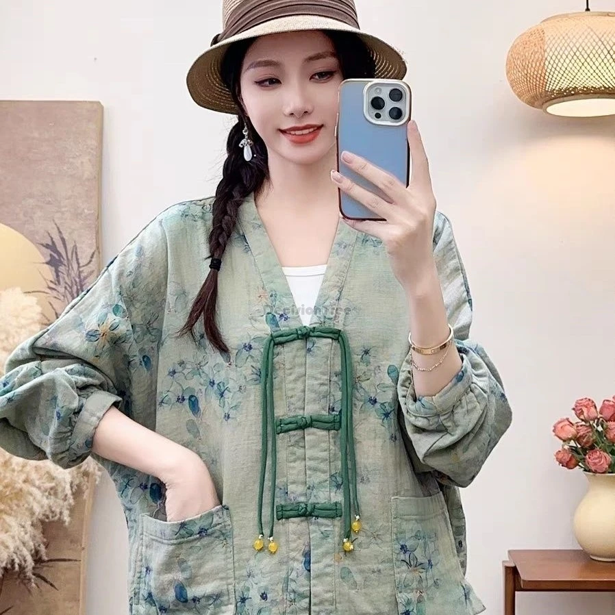 

Новинка 2025 года, китайская улучшенная национальная блузка в стиле ретро, свободная женская блузка Cheongsam с длинными рукавами и v-образным вырезом с цветочным принтом и пуговицами