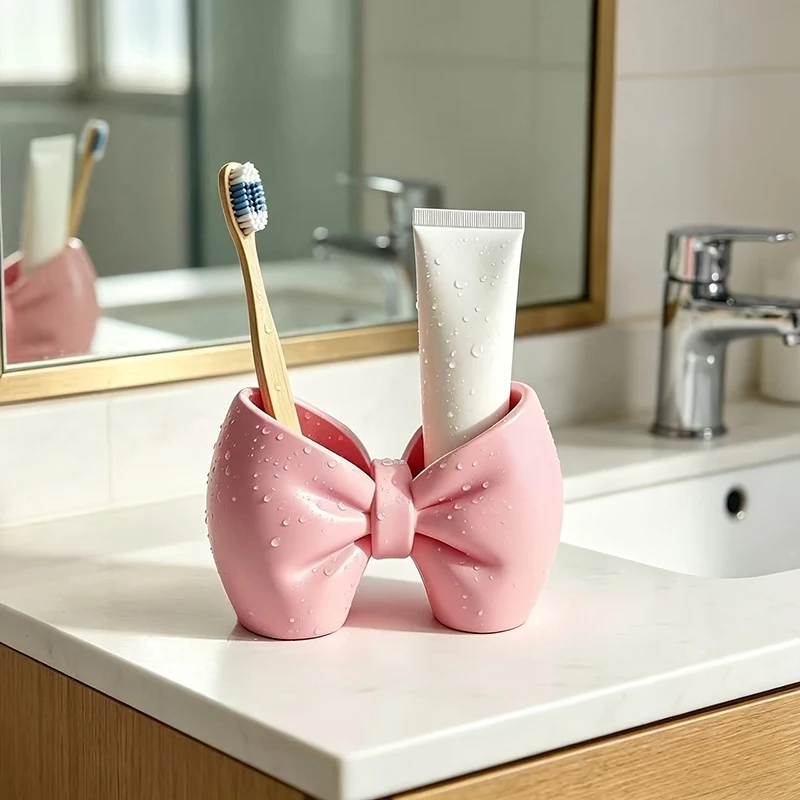 1pcs Bow Shaped Pen Toothbrush Holder Plastic Freestanding Bathroom Bedroom Storage Decor Accessories