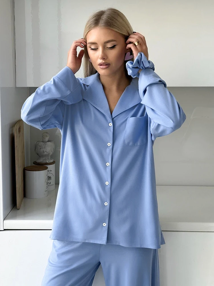 HiLoc Elegant Blue Long Pants Pajamas Sets 3 Pieces Women Fashion Pockets Loose Blouses With Hair Band Long Pants Nightwear 2024