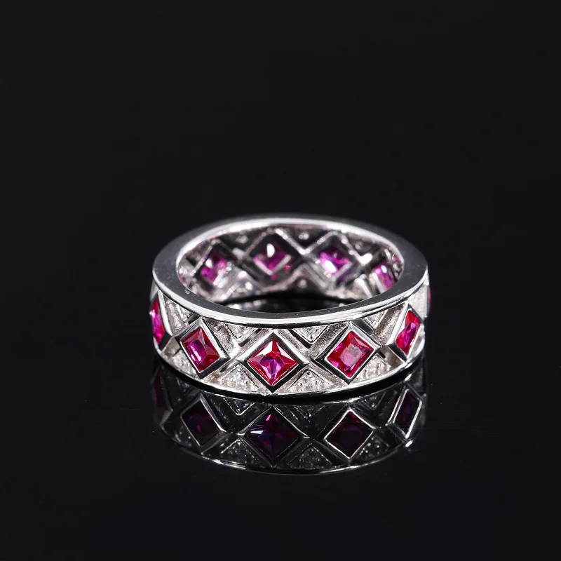 

New fashion trend S925 silver inlaid 5A zircon ruby full of diamonds Hao inlaid row ring closed ring ladies