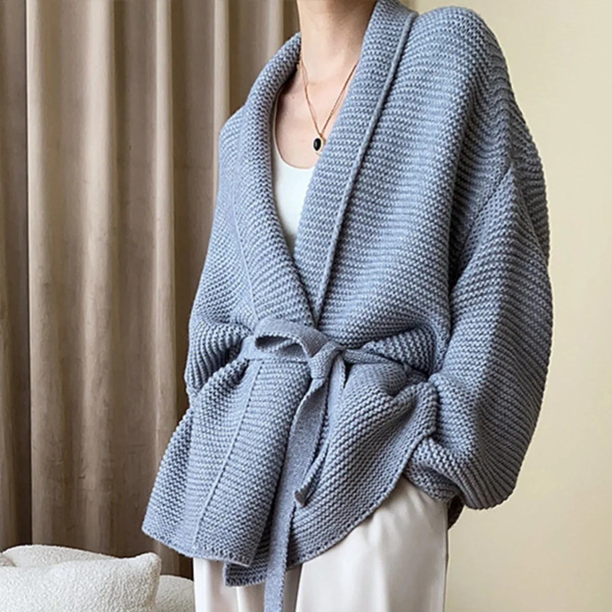 Lazy style V-neck sweater cardigan for women in autumn and winter, tied up waist, bathrobe style, lazy and loose sweater jacket