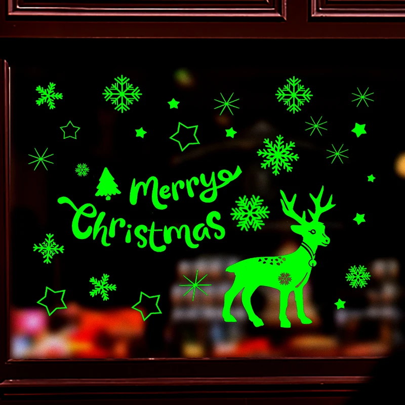 2 Blatt leuchtende Weihnachts-Fensteraufkleber, Elch, Schneeflocke, DIY-Wandaufkleber, 2024, Weihnachtsdekorationen für Zuhause, Neujahrsornamente