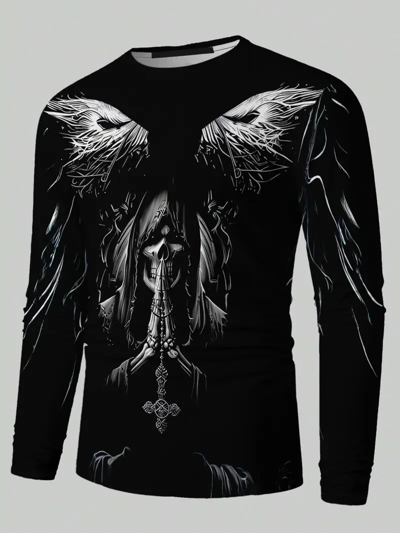 Herren Halloween Geflügelter Schädel Ritter Print Langarm T-Shirt Atmungsaktives Casual Langarm-Oberteil für den Alltag und Outdoor-Aktivitäten, Familienoutfit – Detail 5