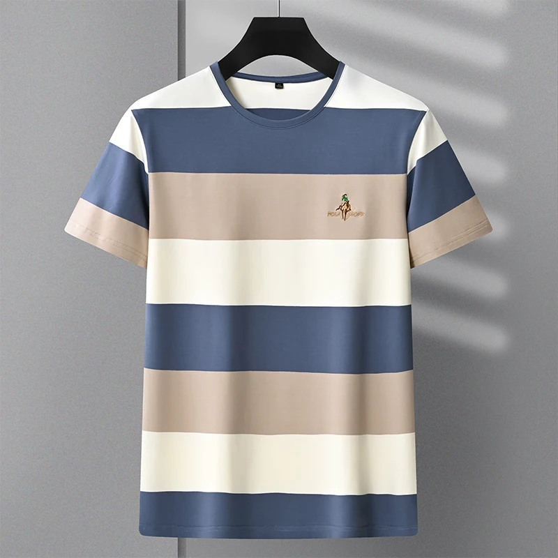 Luxury brand striped fashionable embroidered short sleeved T-shirt for men\'s top summer pure cotton contrasting casual T-shirt