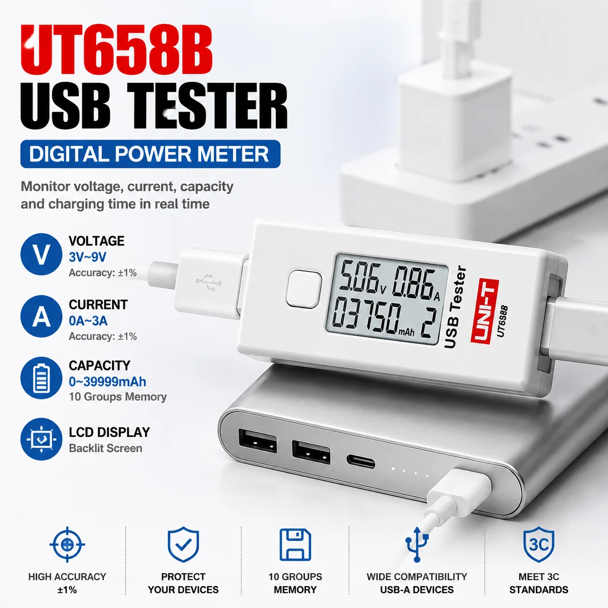 UT658B USB Power Meter 3V-9V 0-3A, ABS LCD Backlight, 1% Accuracy, Battery Capacity Tester, 10-Group Data Memory Charger Monitor