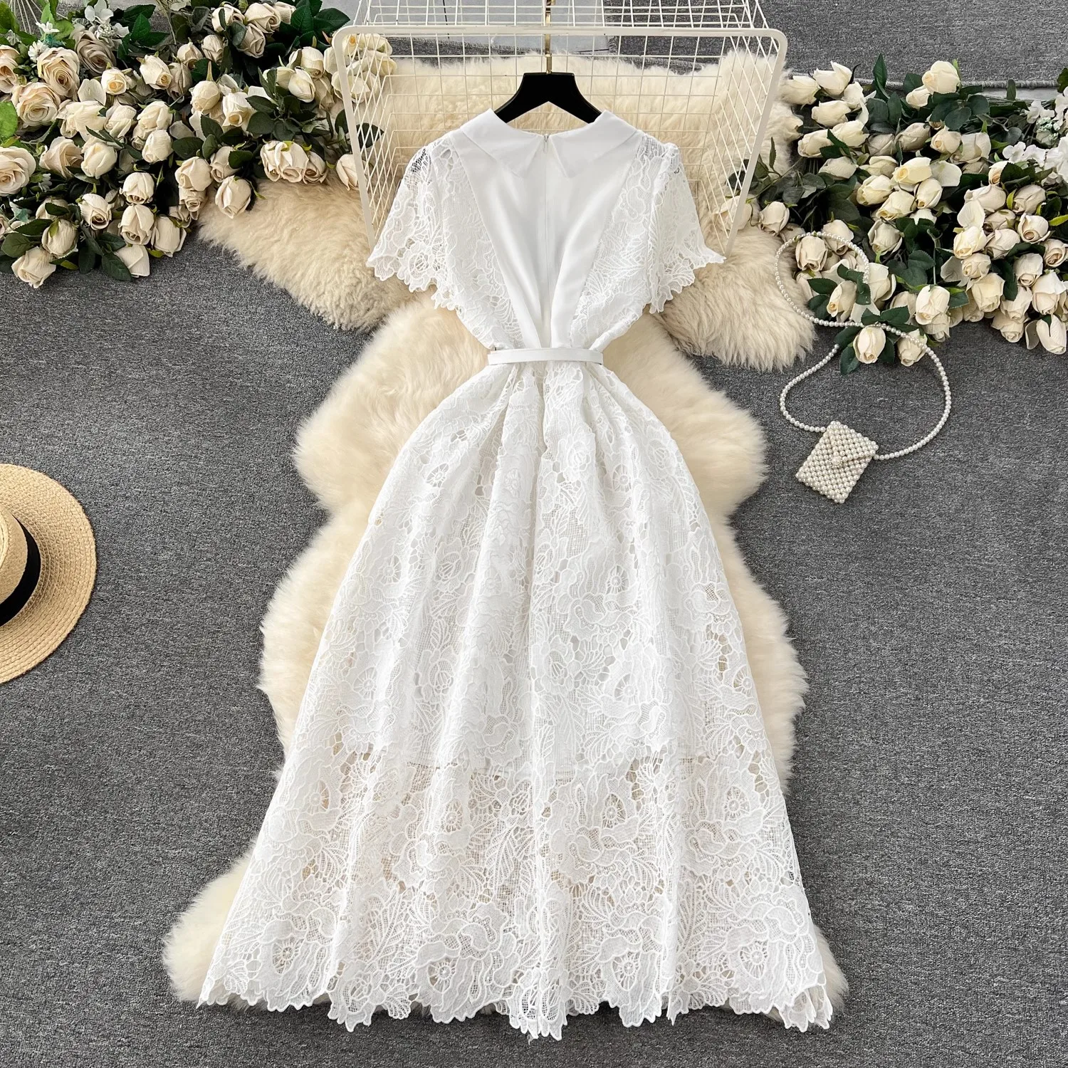 High Quality Women Summer Lace French White Vintage Turn Down Collar Zipper Belt Pearl Button Hook Flowers Party Dresses