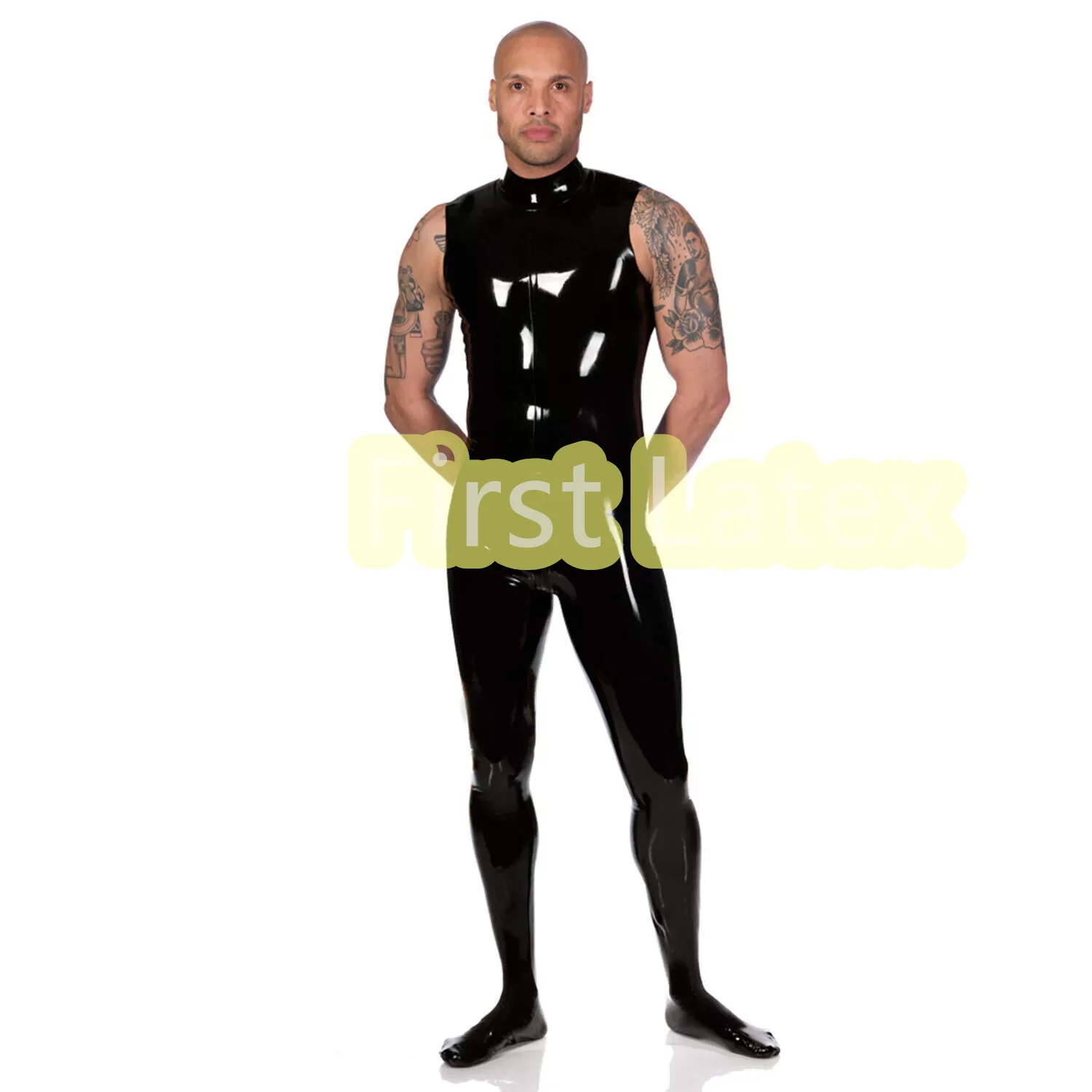 

Handmade Natural Latex Men's Latex Sleeveless High Neck Bodysuit Black with Crotch Zipper Skin-Tight Catsuit Attached Socks