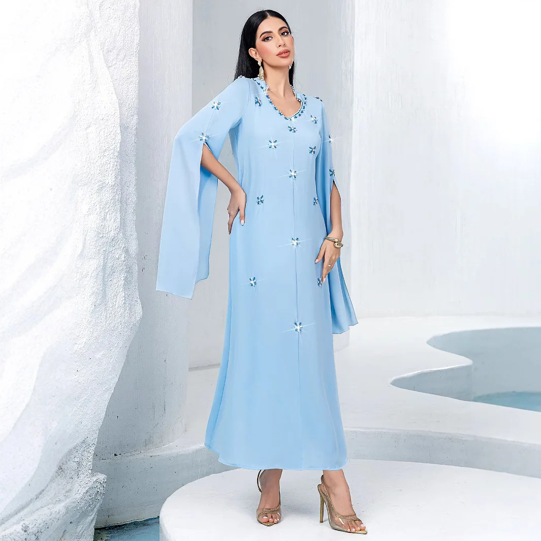 BA5133 new light blue long sleeved hand sewn glass rhinestone dress for women