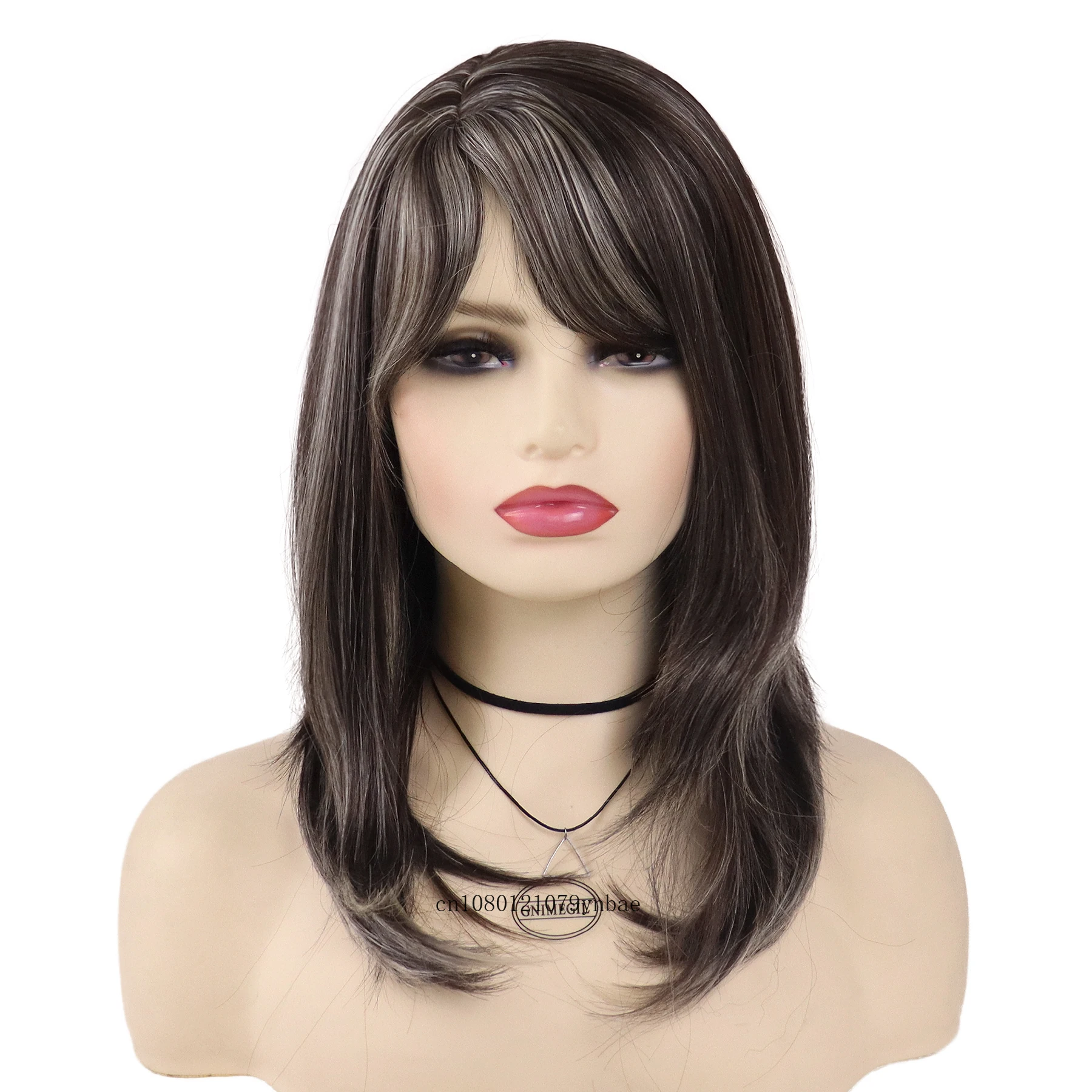 Synthetic Hair Mix Brown Wig for Women Lady Medium Length Bob Straight Wigs with Bangs Heat Resistant Fiber Daily Party Costume