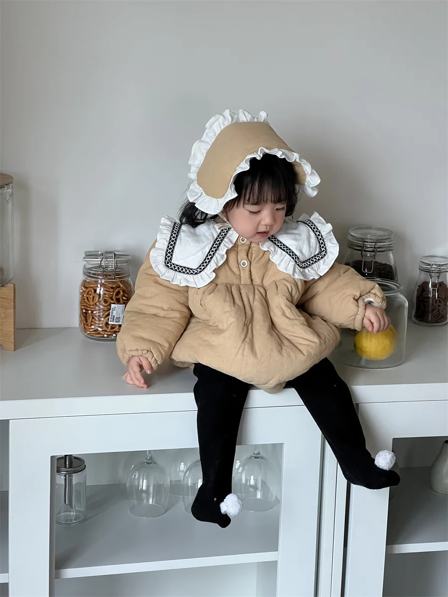 2024 Winter New Baby Girl Large Lapel Fleece Bodysuit + Hat Plus Velvet Thick Newborn Cotton Jumpsuit Infant Warm Clothes 0-24M