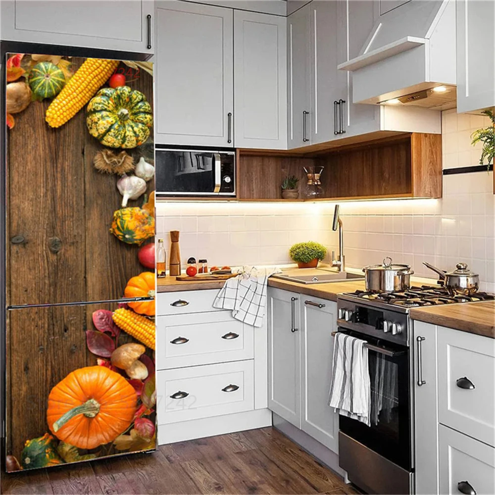 Kitchen Fruit Vegetable Vinyl Fridge Stickers Full Door Cover Adhesive Refrigerator Wallpaper Pink Flower Marble Butterfly Decal