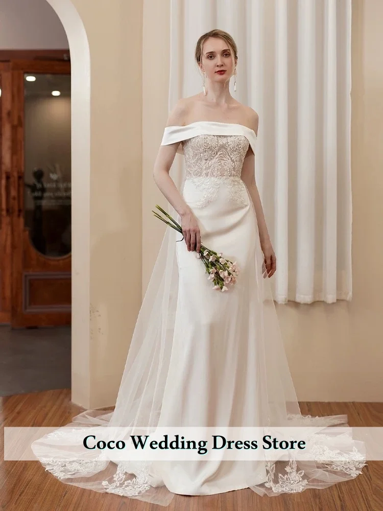 

Элегантное свадебное платье русалки по индивидуальному заказу, платье невесты с открытыми плечами и пуговицами сзади, кружевное атласное платье без бретелек, Vestidos De Novia для невесты