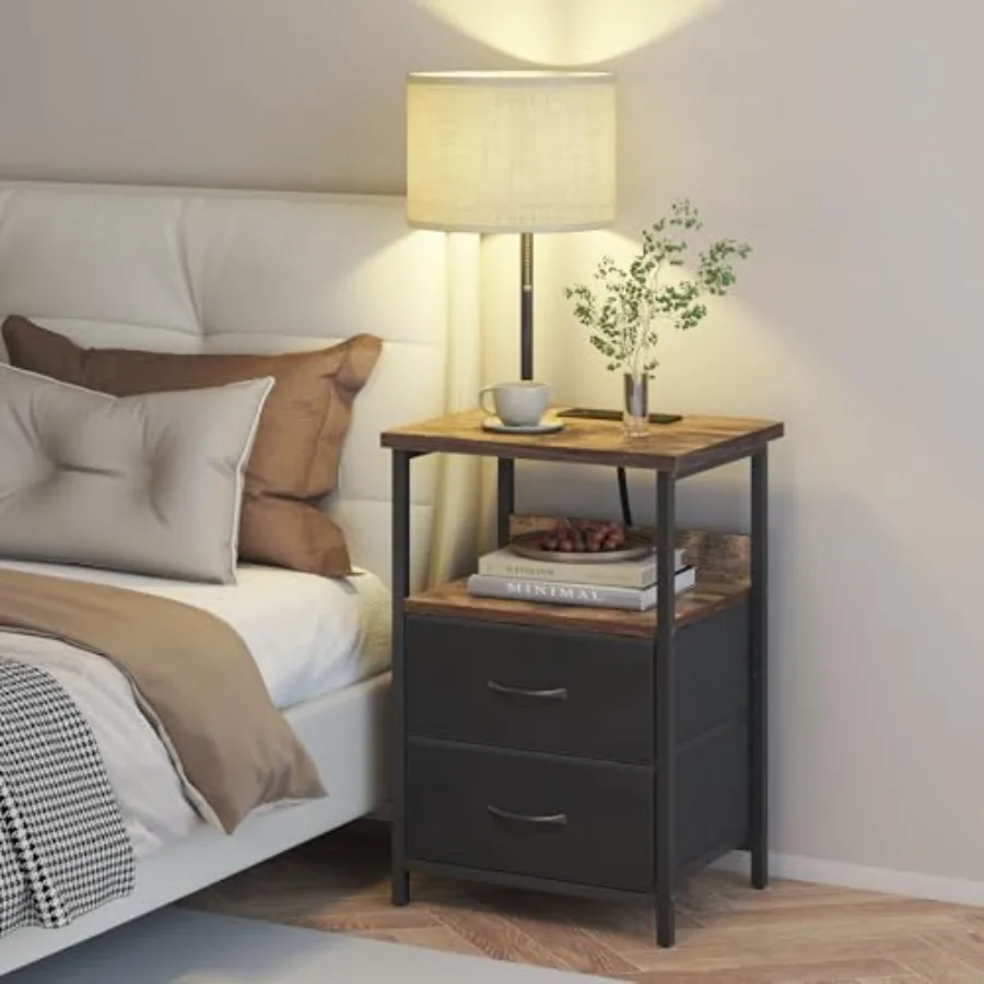 Bedside Table with 3 Color Temperature Reading Light, Nightstand with LED Light and Charging Station End Table with Adjustable