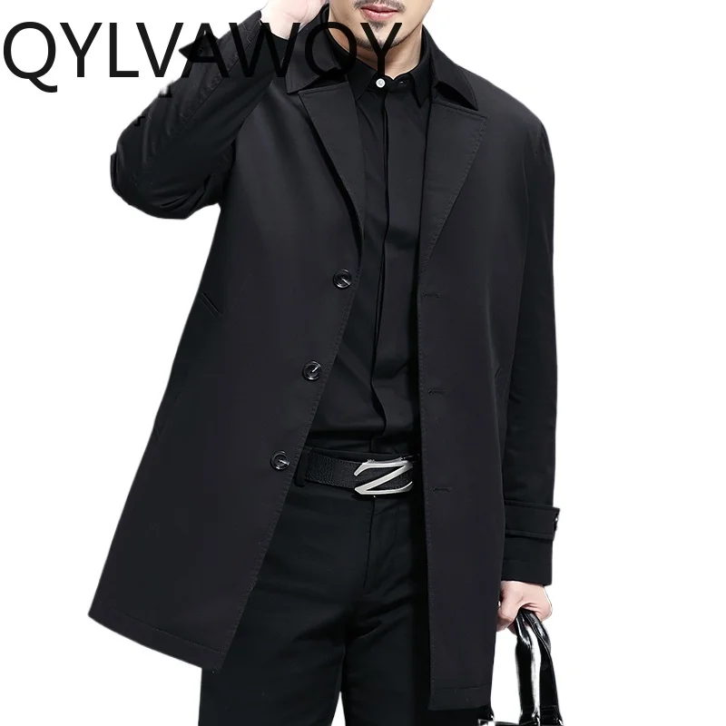 

QYLVAWOY 100% Cotton Men's Spring Autumn British Mid-Length Pure Cotton Trench Coat Casual Solid Color Business Outerwear LJ2164