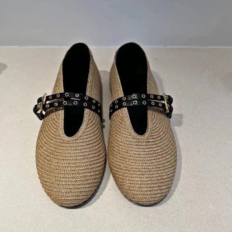 Woven Flat Ballet Shoes Brand Designer Shoes Female Belt Buckle Breathable Round Head Comfy Casual Twine Weaving Mary Jane Pumps