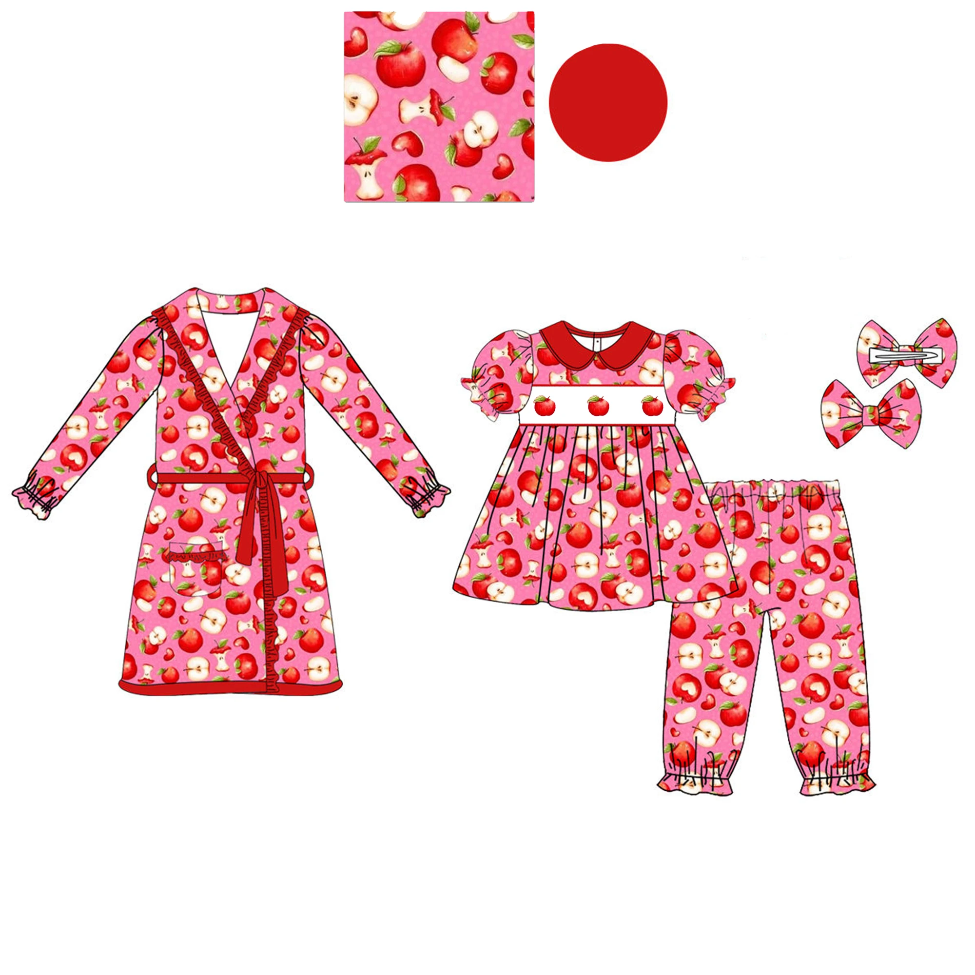 Boutique Children's Suit Lapel Short-Sleeved Elastic Apple Print Trousers Girls and Boys Long-Sleeved Suit Nightgown 2-Piece Set