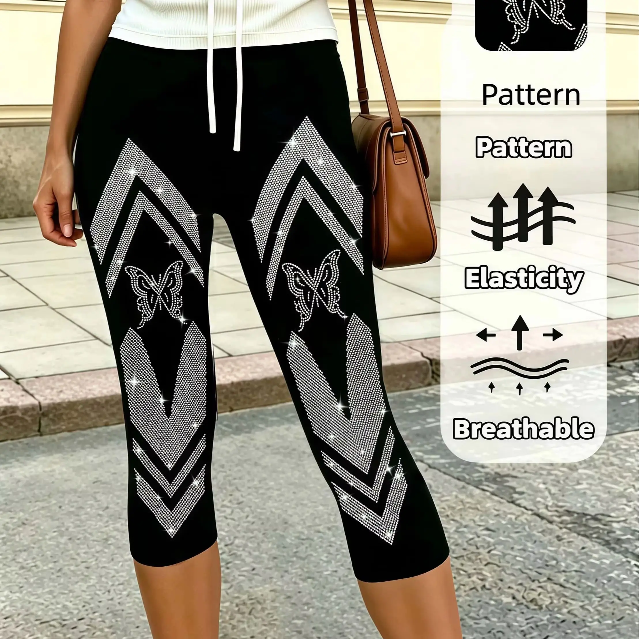 Schwarze Damen-Capri-Leggings mit Schmetterlingsdruck und Strass, hochelastische, atmungsaktive Trainingshose für Party-Street-Style – Detail 1