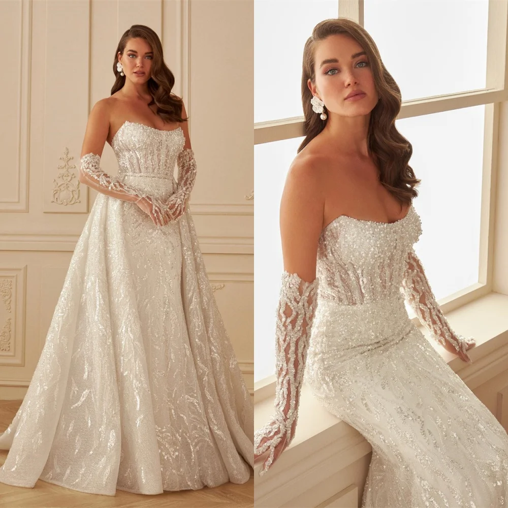 Изысканное свадебное платье из органзы по индивидуальному заказу, элегантное свадебное платье без бретелек со съемными рукавами и длинными рукавами, со шлейфом и открытой спиной