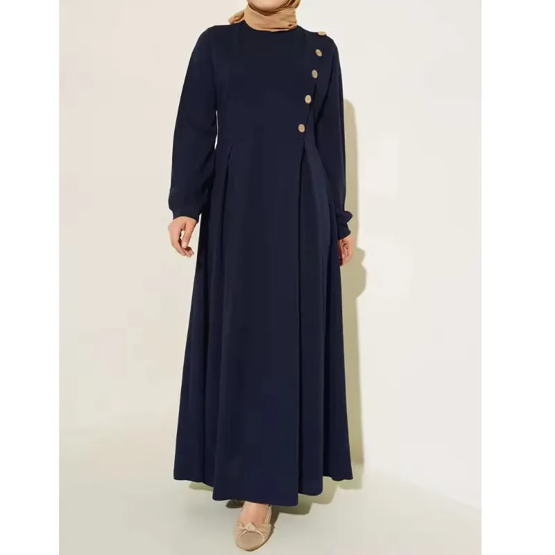 Middle East Muslim Women Long Sleeve Solid Color Dress Abaya Long Robe Elegant Islamic Fashion