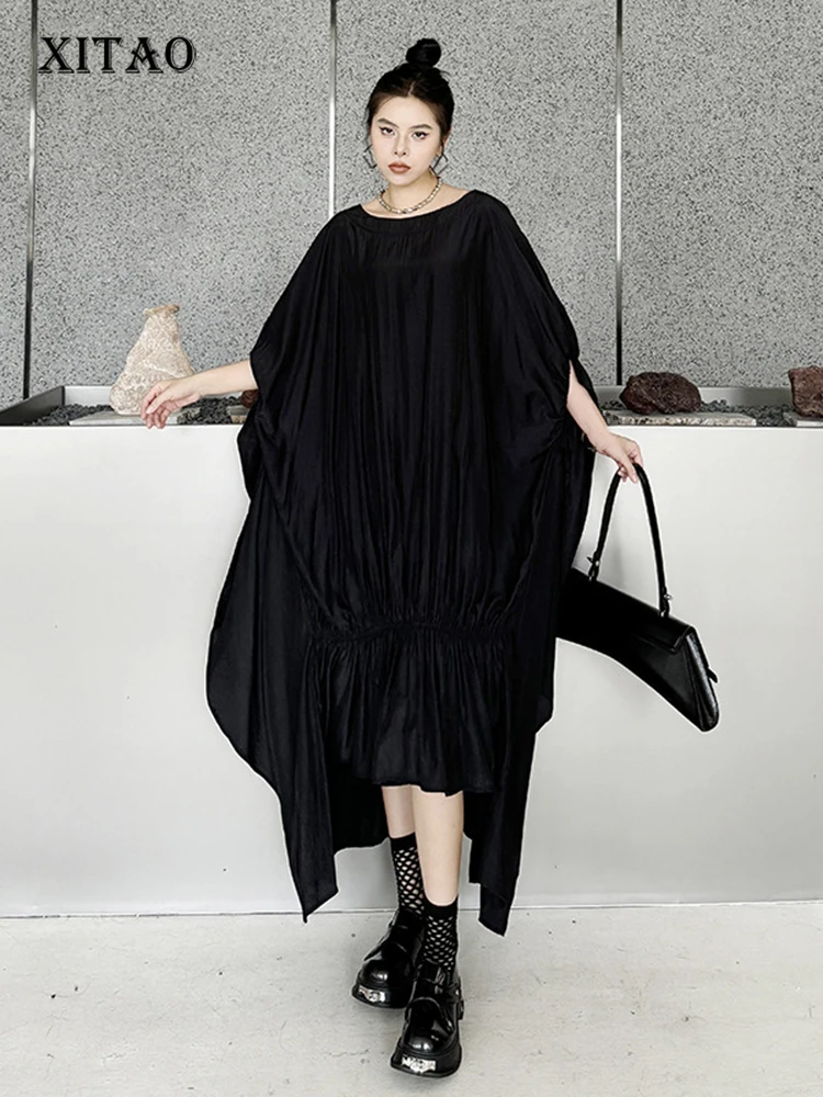 

XITAO Black Irregular Batwing Sleeve Dress Loose Fashion Folds Patchwork Hem 2024 Summer New Personality Women WLD20226