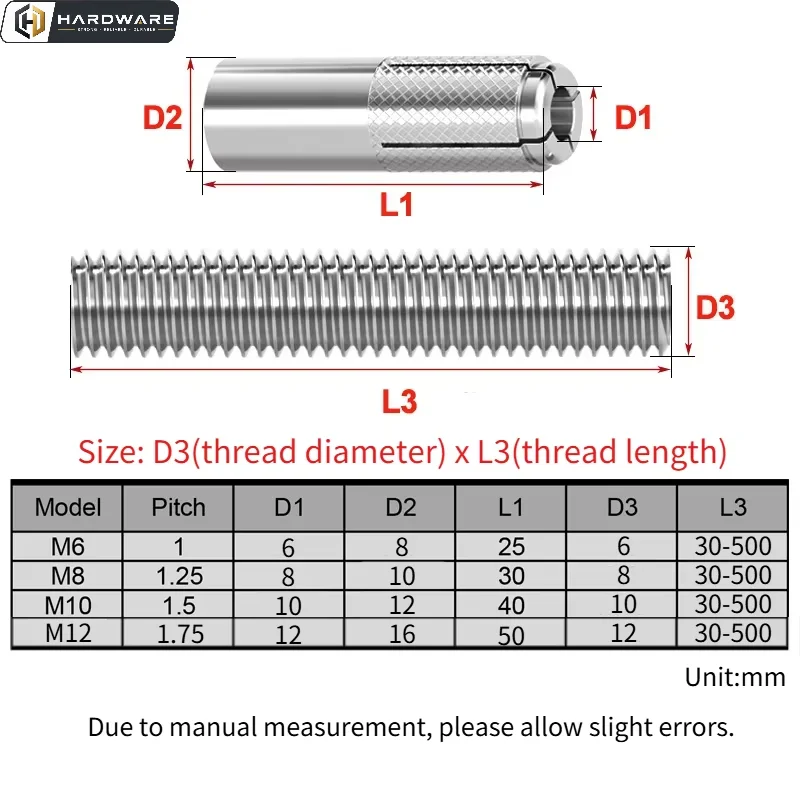 304 Stainless Steel Screw Type Expansion Anchor For Scaffold Board Shelf M6 M8 M10 M12 Extended Expansion Screw Anchor
