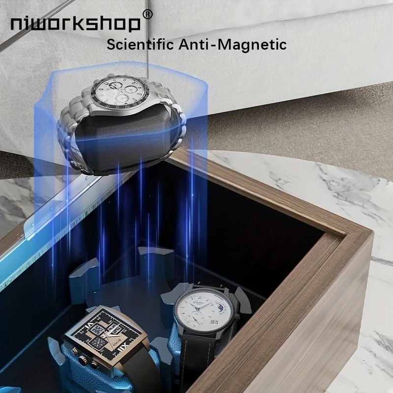 1pc Niworkshop Automatic Watch Winder,3/6 Slots Wooden Watch Storage Cases with Quite Motor ,LED Light ,Flexible Pillows For Men