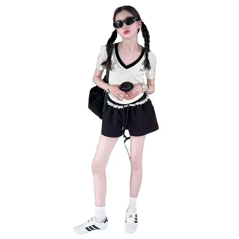 

hot teen girls short clothes set ensemble enfant fille cotton V-neck t-shirt tops+lace shorts 2pcs junior kid suit child outfits