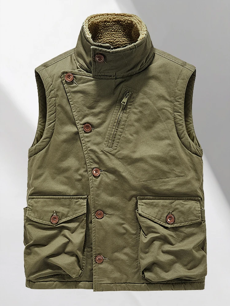 

High-End Cotton Lamb Velvet Thiened Stand Collar Vest Men's Outdoor Autumn Winter Large Size ket Workwear Faion Ci
