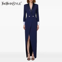 TWOTWINSTYLE Temperament Slimming Blazers For Women Shawl Collar Long Sleeve High Waist Patchwork Button Blazer Dress Female New
