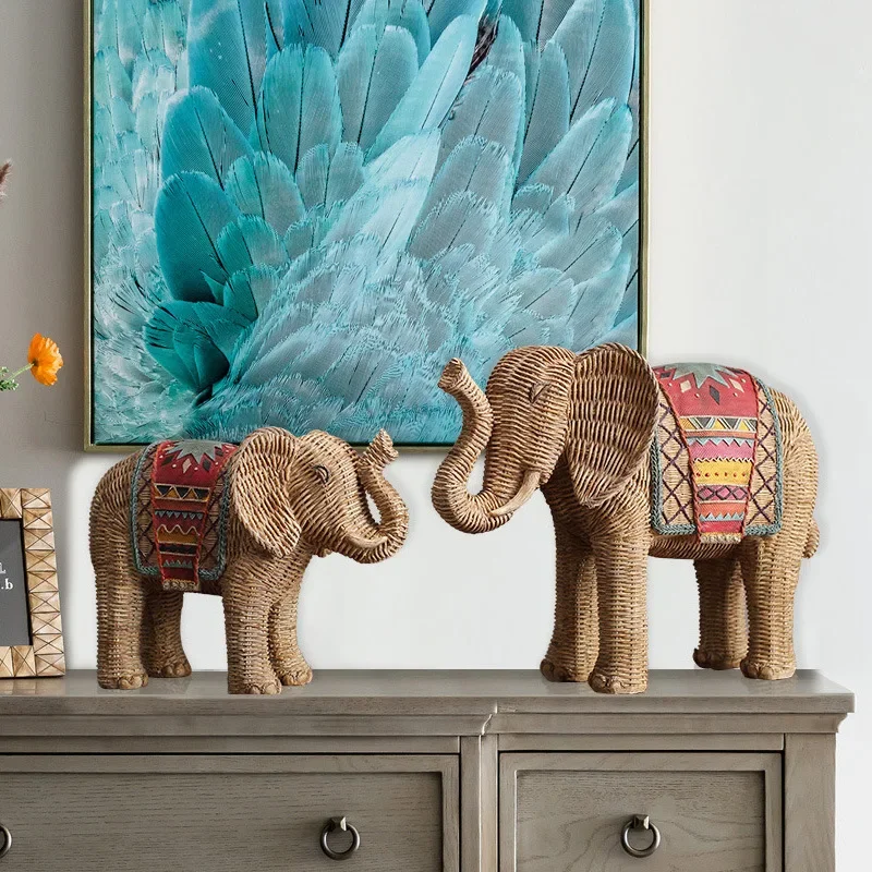 Resin Handicraft Ornaments Braided Hand-painted Elephant Ornament Simulation Animal Statue Handmade Elephant Decoration