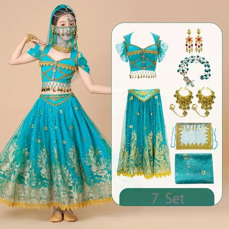 Vestido de dança do ventre para crianças, princesa Festival Cosplay, roupa Rave para meninas, traje de Bollywood Jasmine, árabe indiano Sari