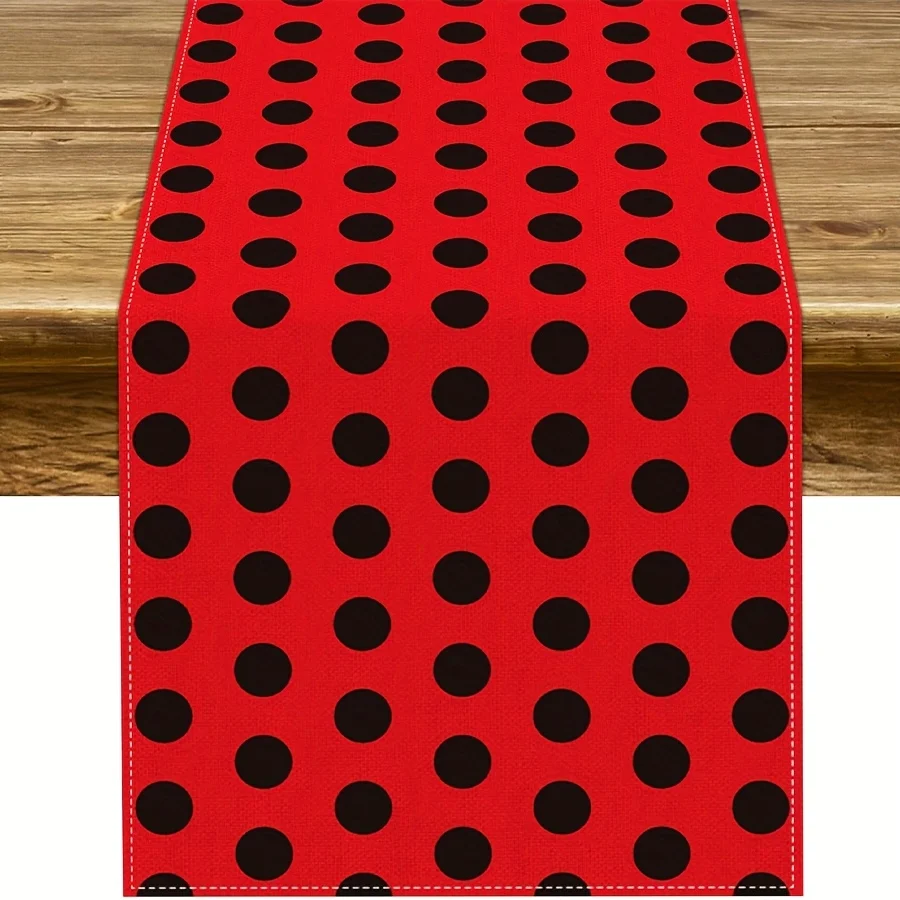 Marienkäfer-Tischläufer - Rot & Schwarz Gepunktet mit Marienkäfer-Motiven aus Leinen, Dekoration für Geburtstage & Marienkäfer-Themenpartys