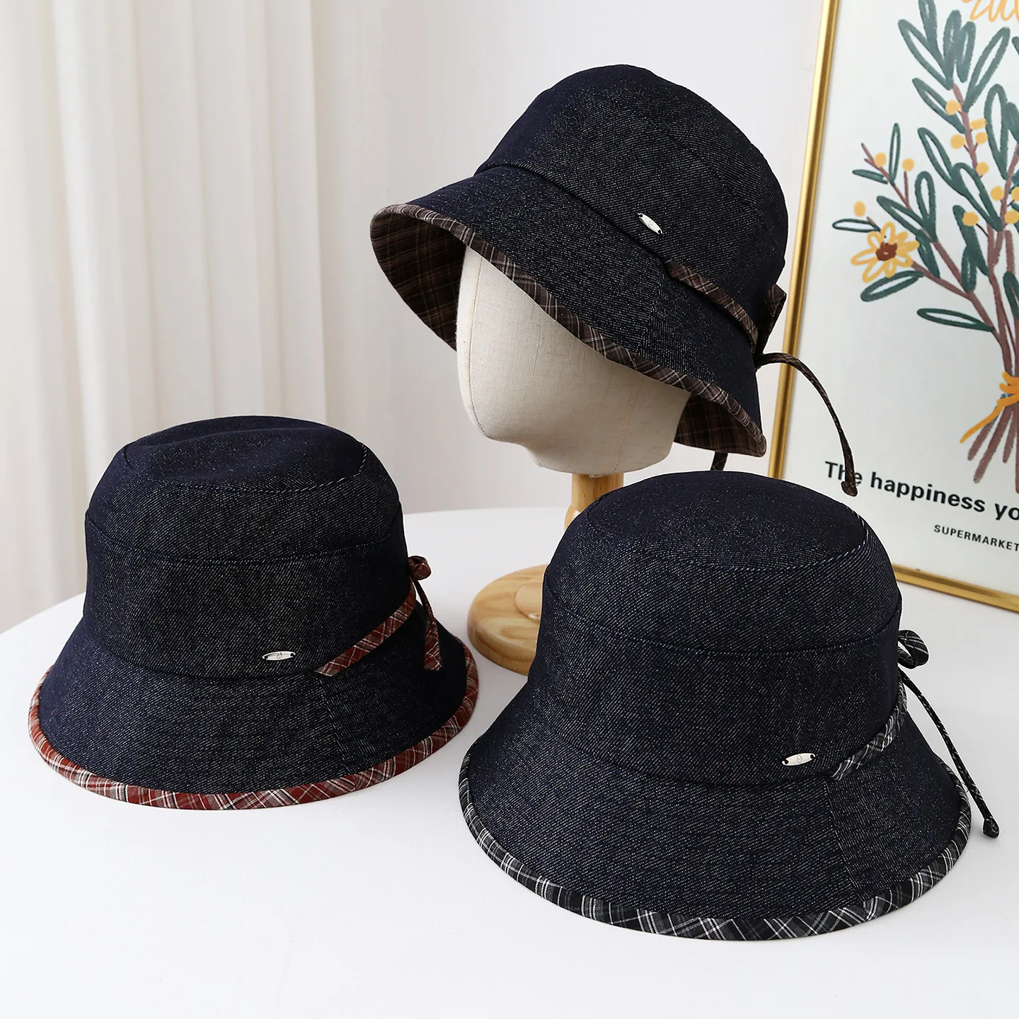 

2025 New Japanese Style Elegant Bow Bucket Hat For Women Spring/autumn Retro Plaid Denim Sun Protection Basin Hat Foldable