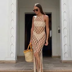 Beachapche  Women's Turtleneck Long Tassel Sexy Perspective Design Maxi Dress Fashion Nightclub Runway Macrame Dress