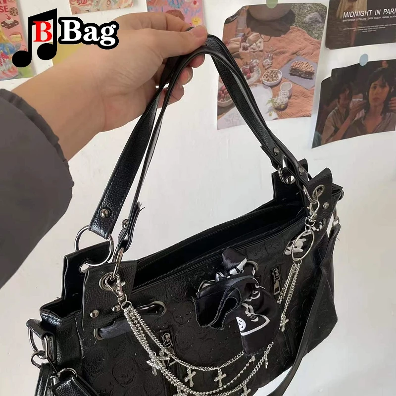 Y2K Women Girls Gothic Skulls Printing Leather Shoulder Bags totes Female Punk Cross Chain Large capacity Messenger bag Handbag