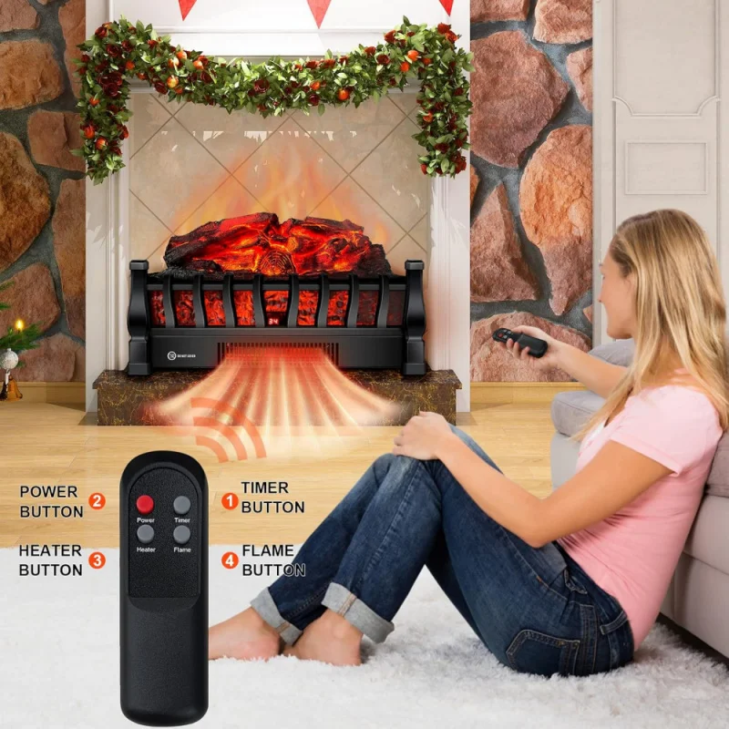 Electric Fireplace Logs Inserts Heater with Infrared Remote Controller 5 Flame Brightness 24 H Timer Overheating Protection