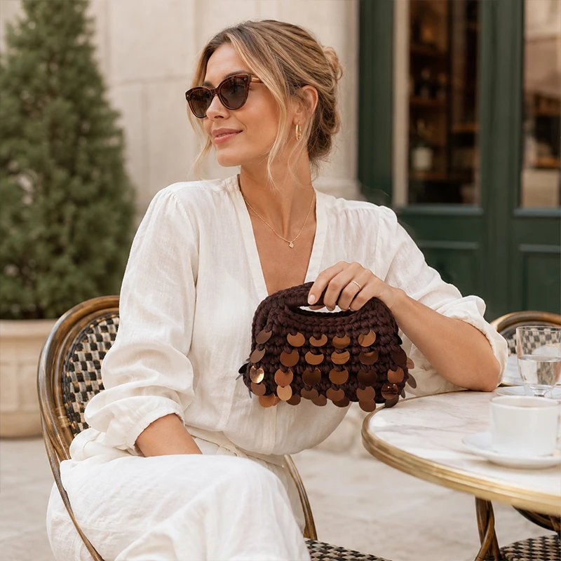 Fashion Crochet Sequin Top Handle Clutch Bag Shiny Sequins Women Evening Purse Summer Beach Wedding Party Handheld Bag