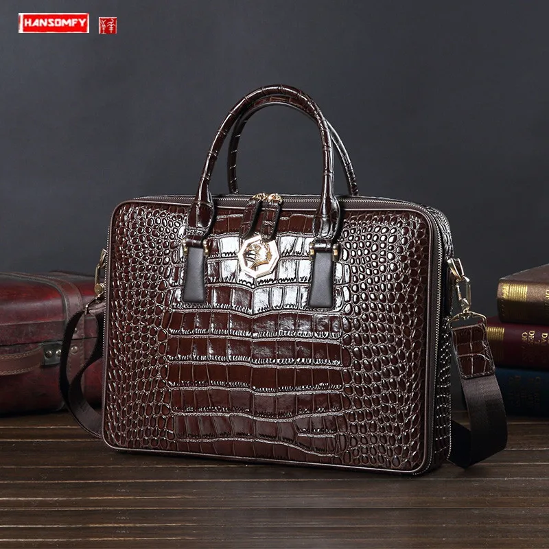 

Leather Men's Handbag Business Briefcase 14" Laptop Bag Crocodile pattern Shoulder Bag Large Capacity Tide Brand Travel Bags