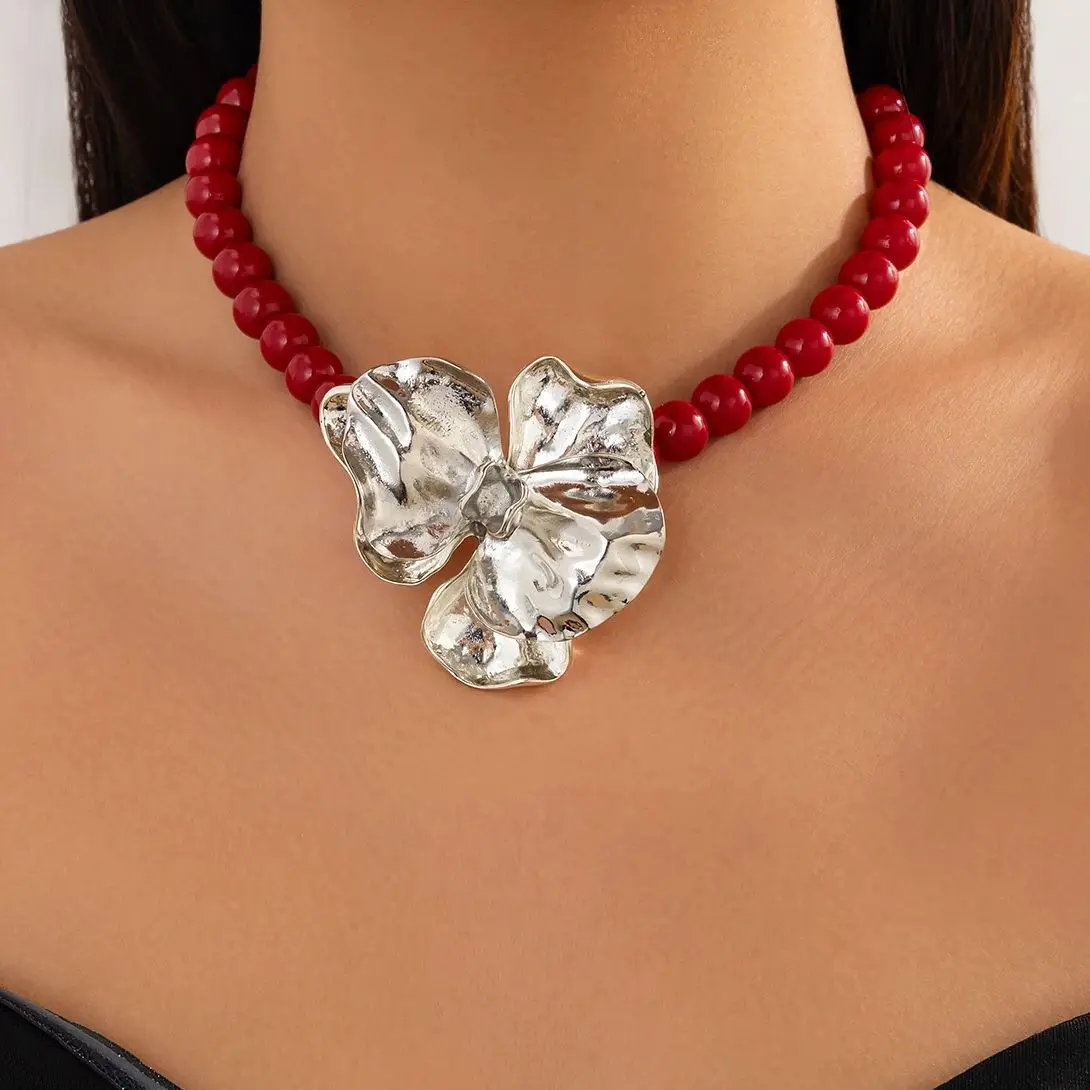 

KunJoe Elegant Silver Color Large Flower Necklace for Women Vintage Red Acrylic Beads Choker Banquet Neck Jewelry Y2K Accessory