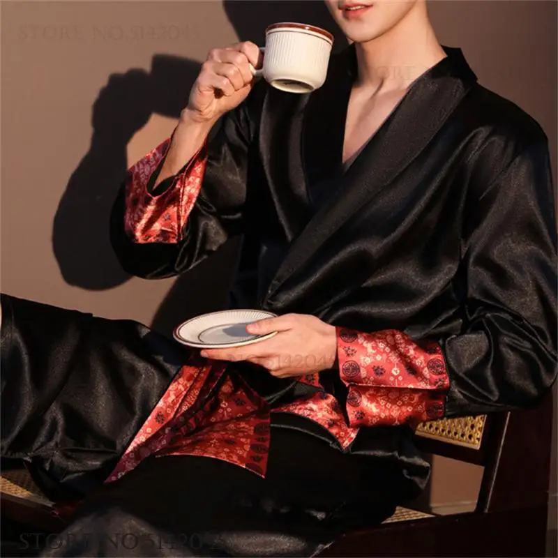High Quality Men's Robe Pajamas Ice Silk Homewear Spring Summer New Long Sleeve Bathrobe Loungewear Loose Lingerie Sleepwear view 5