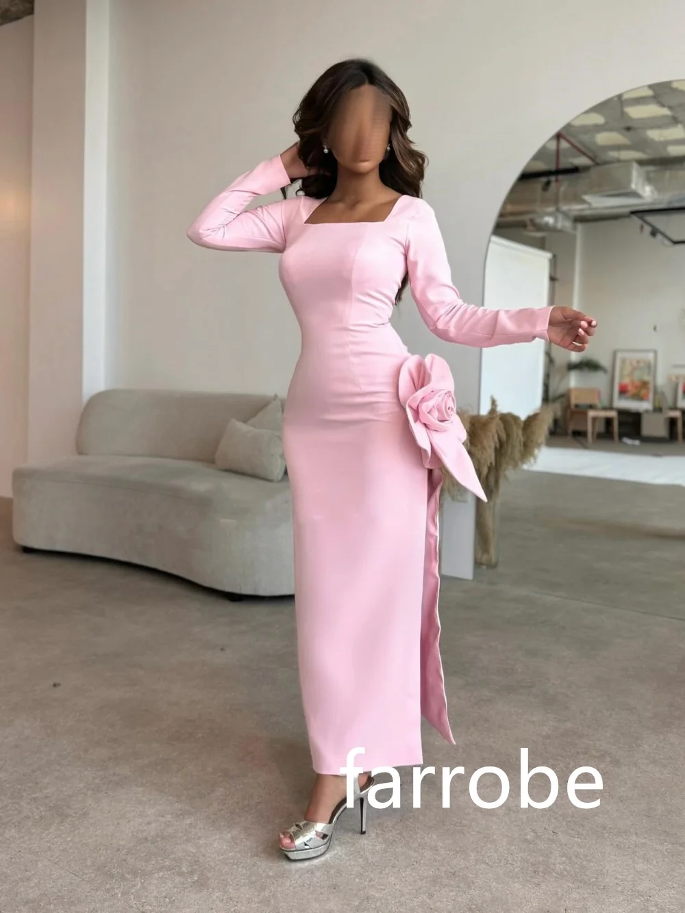 맞춤형 은밀한 저지 플리츠 플라워 A 라인 스퀘어 넥 미디 드레스, 맞춤형 행사 드레스, 클래식 절묘한 모던 스타일