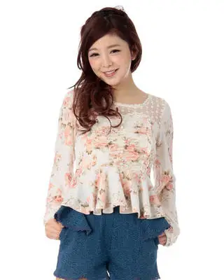 SALES Japan Liz Lisa Lace Mesh Floral Printed High Waist Knitting Shirt