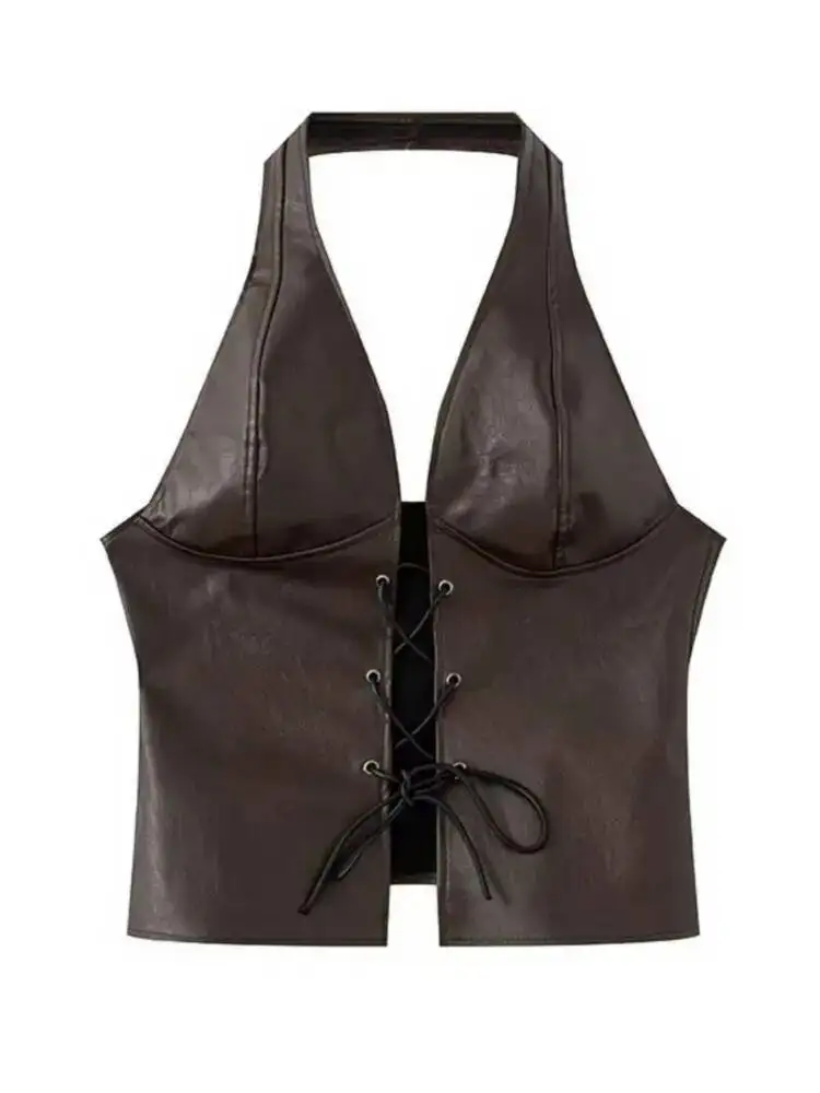 المرأة مثير نادي Gyaru سليم القهوة فو الجلود قصيرة المحاصيل القمم الإناث خمر Y2K موتو السائق بولي Backless تصميم الشارع الدبابات #2