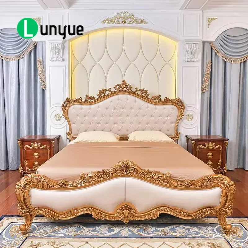 French Royal Style Hand Carved Gold Wood Frame Bed High Quality Elegant Luxury Bedroom Furniture Classic Design Home Decor