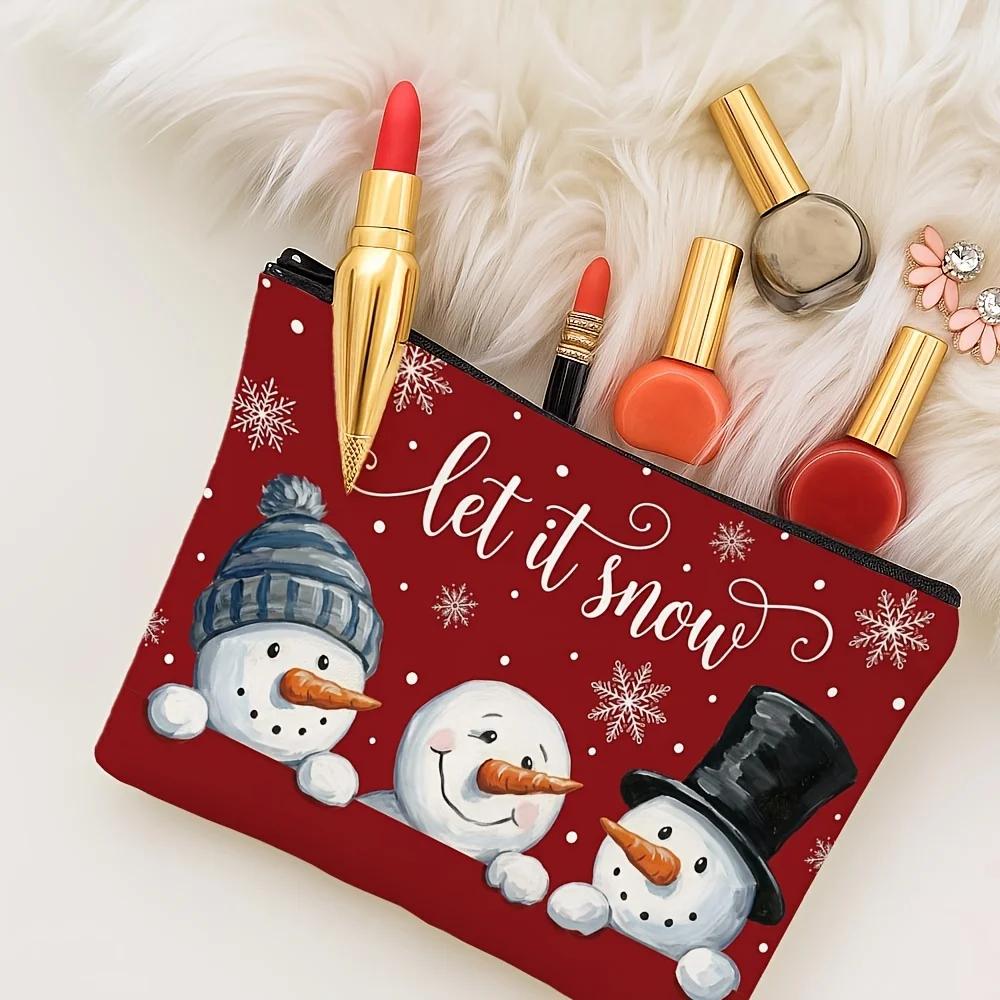 Festive Christmas Red Background Three Cute Snowmen Let It Snow Letter Snowflake Cosmetic Bag Portable Travel Makeup Pouch Gift
