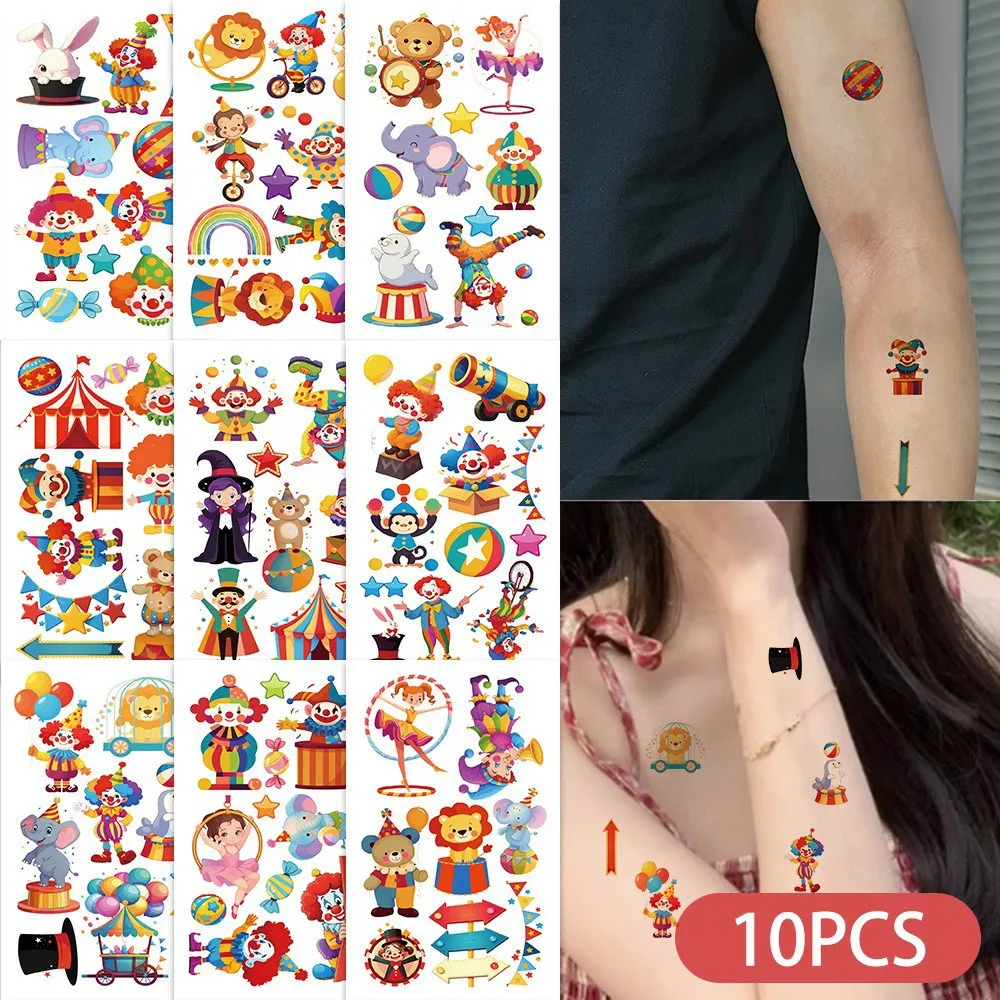 10Pcs/set Cartoon Circus Temporary Tattoos Sticker Cute Clown Tattoos For Girls Boys Birthday Party Supplies Favors