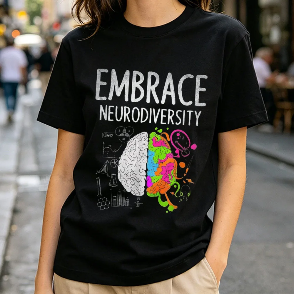 T-shirt unisexe à manches courtes « Embrace Neurodiversity Split Brain Science Math Music Art » – Cadeau pour les défenseurs de la neurodivergence, de l'autisme et du TDAH