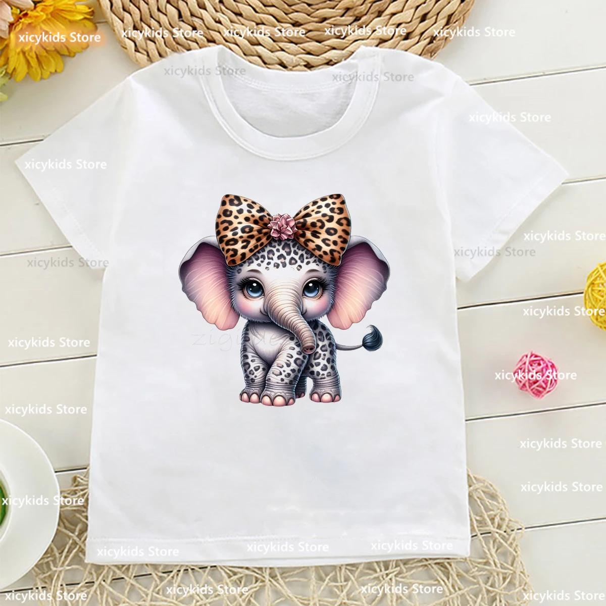 Cute Elephant Animal Leopard Pattern Bow Print Girls T-shirt Fashion Kawaii Kids Tshirt Summer  White Short sleeved Girl Clothes